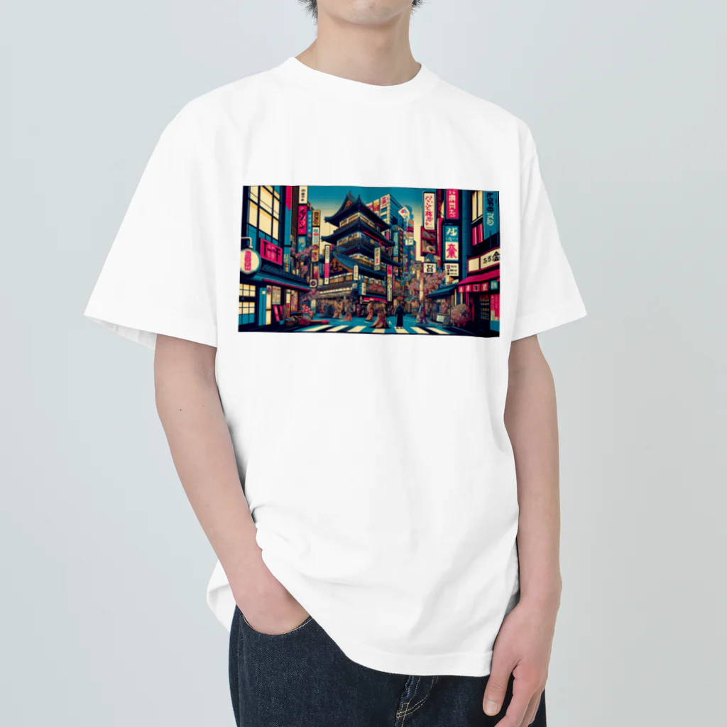 テクノ浮世絵のネオンと伝統の調和-歌舞伎町の夜 Heavyweight T-Shirt