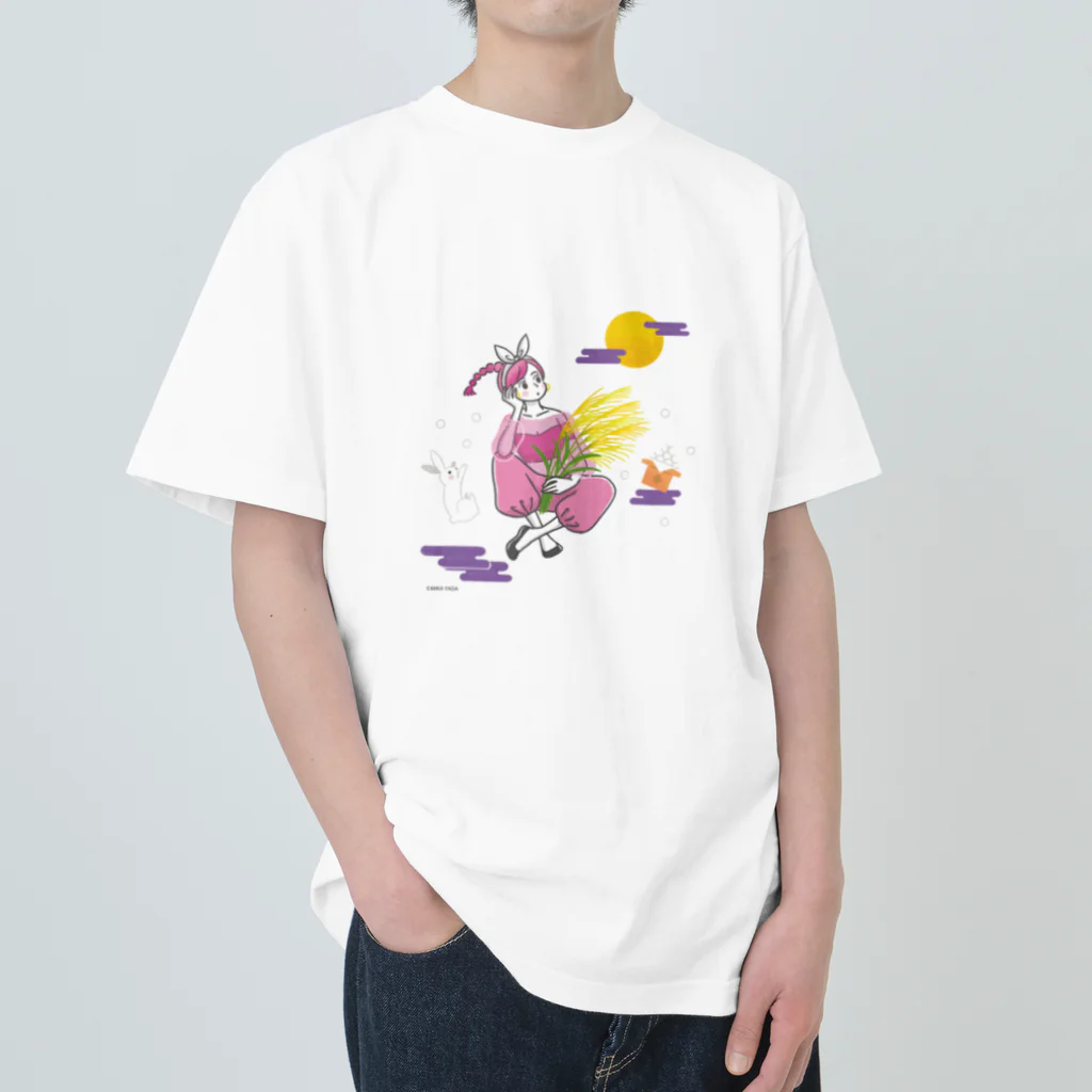 MIKA YADA illust shopの9月お月見の夜、うさぎと。 ヘビーウェイトTシャツ