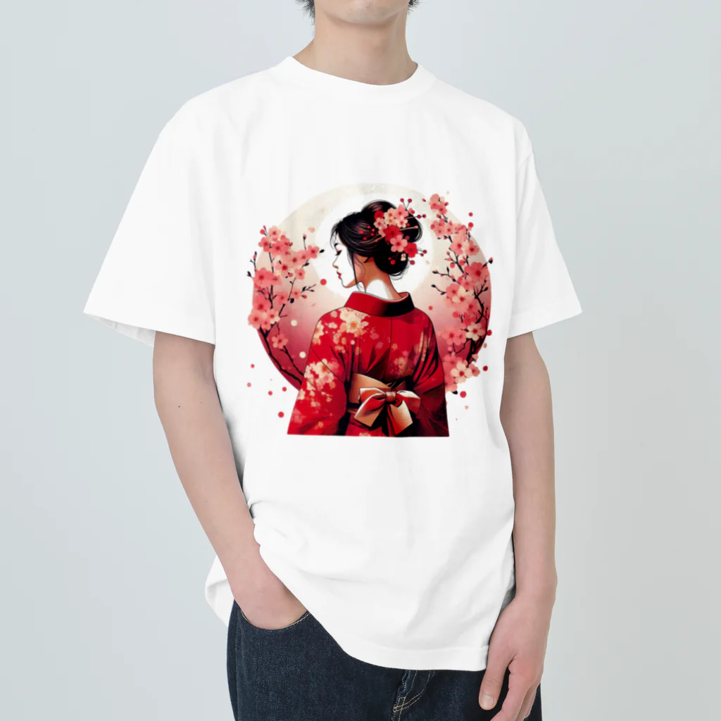 yuchijapanの桜を散らした着物美人イラスト Heavyweight T-Shirt