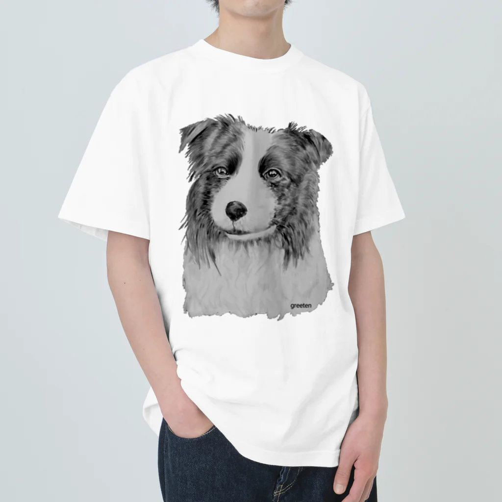 greetenのボーダーコリー　アート犬モノクロ ヘビーウェイトTシャツ