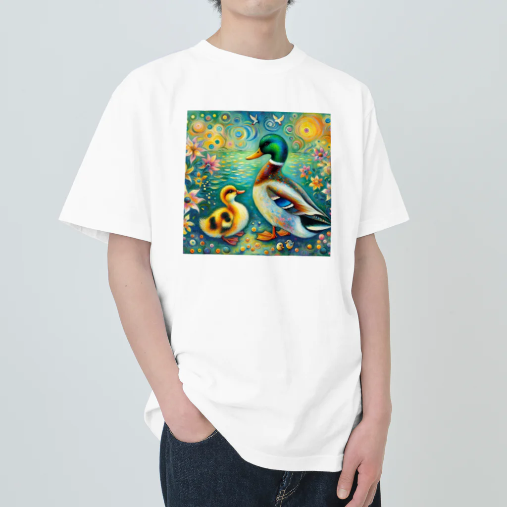 momoart8888のカルガモファミリー🦆🩷 ヘビーウェイトTシャツ