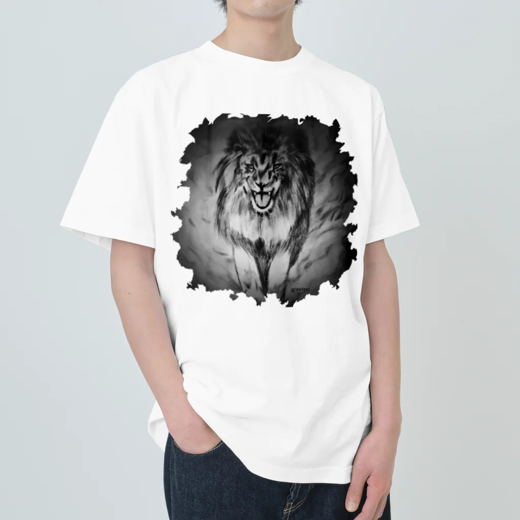 greetenのライオン　アートアニマル　モノクロ ヘビーウェイトTシャツ