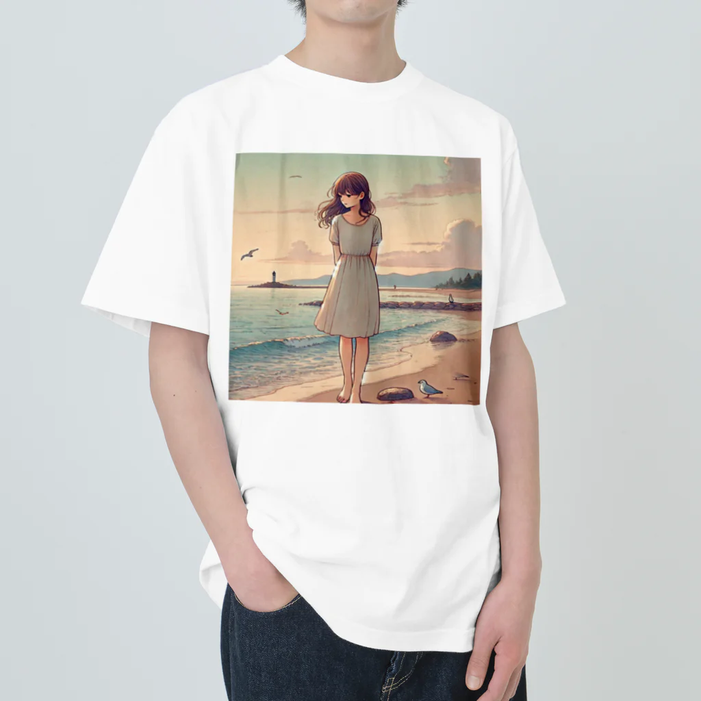 inuneko2004の海辺の女の子 ヘビーウェイトTシャツ