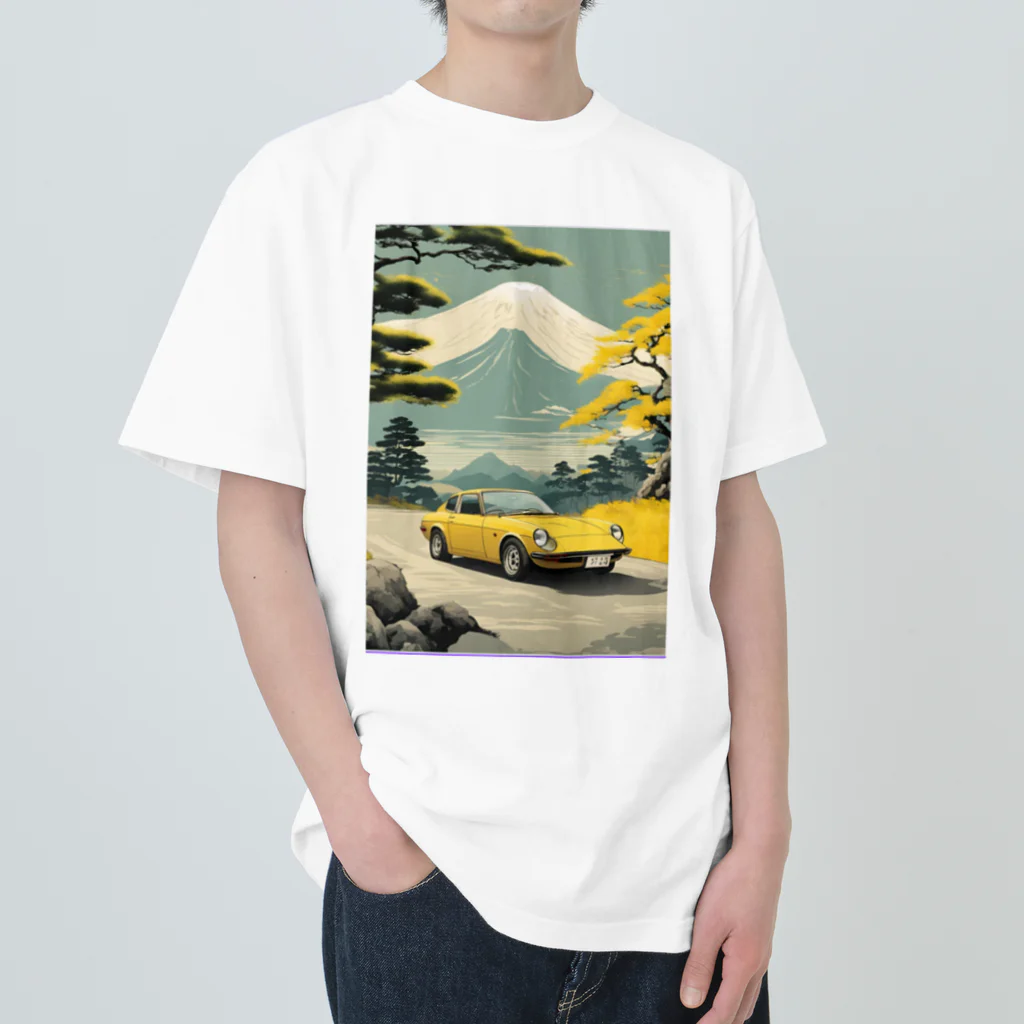 JapanCarStyleの黄色いスポーツカーと日本の風景 Heavyweight T-Shirt