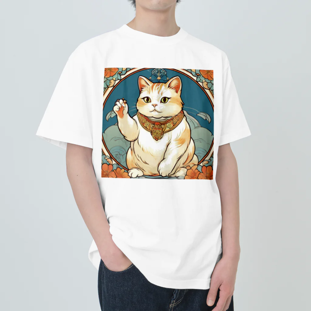 ゆまちゃんの開運雑貨屋さんの夜のミュシャ風招き猫 Heavyweight T-Shirt