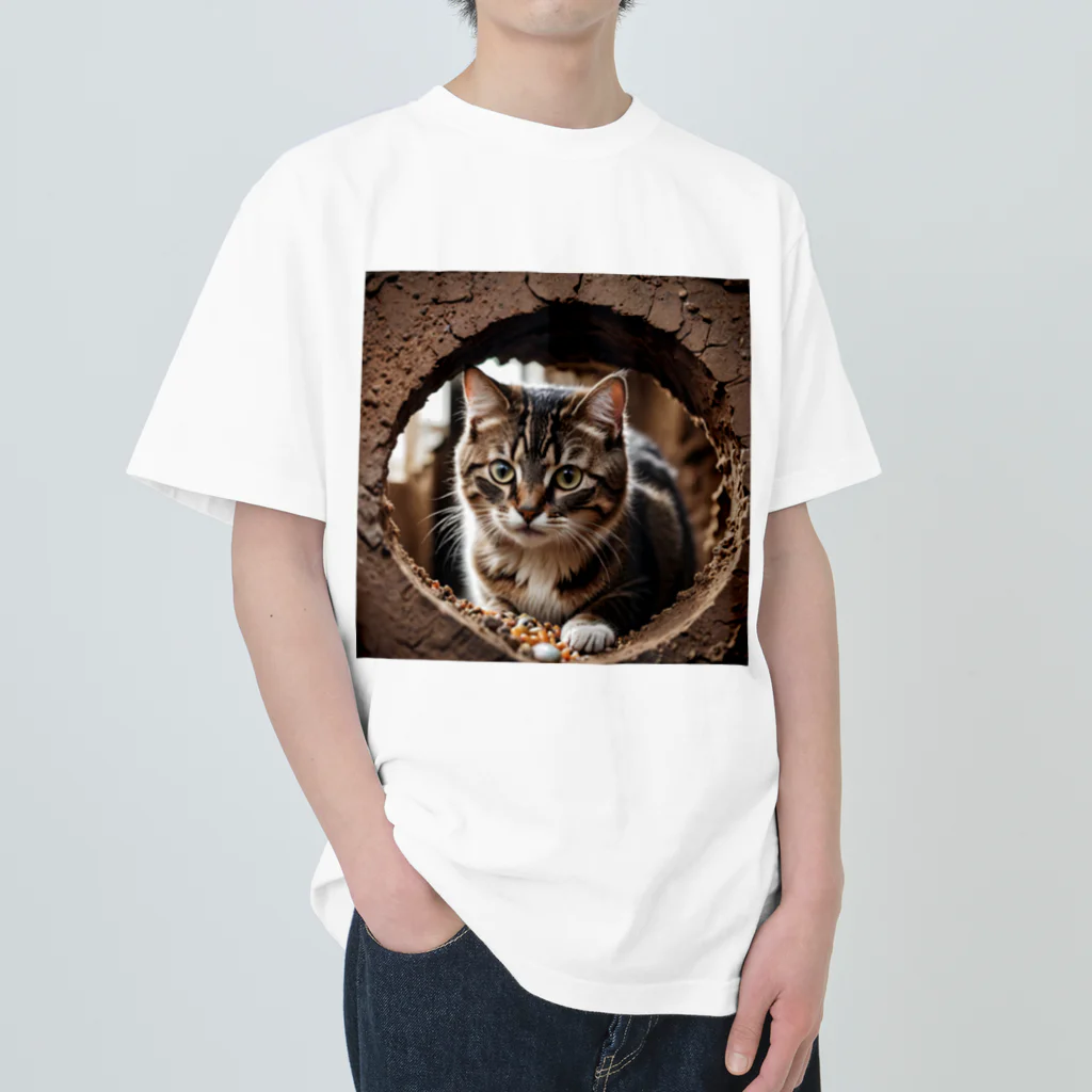 zigerparkの穴から覗く猫 ヘビーウェイトTシャツ