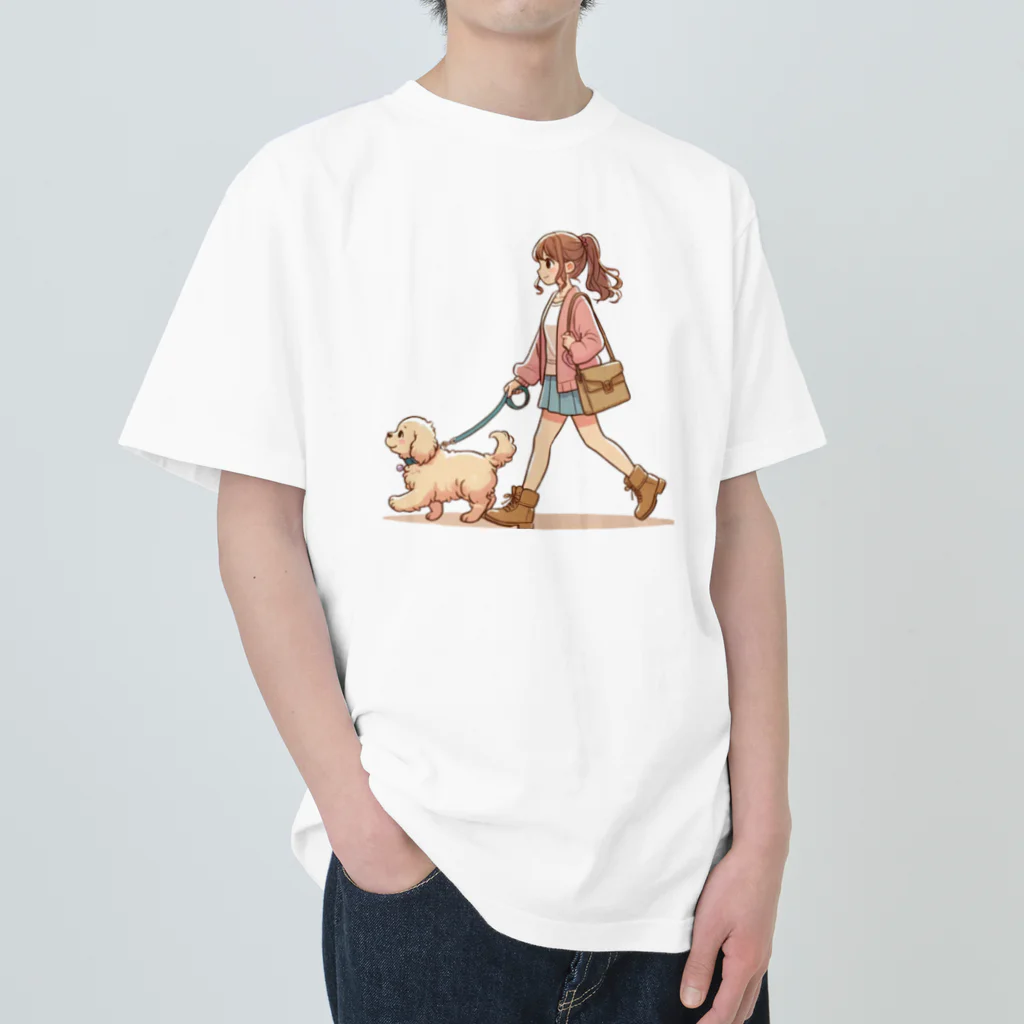 南国のかわいい犬と散歩をする女性 Heavyweight T-Shirt