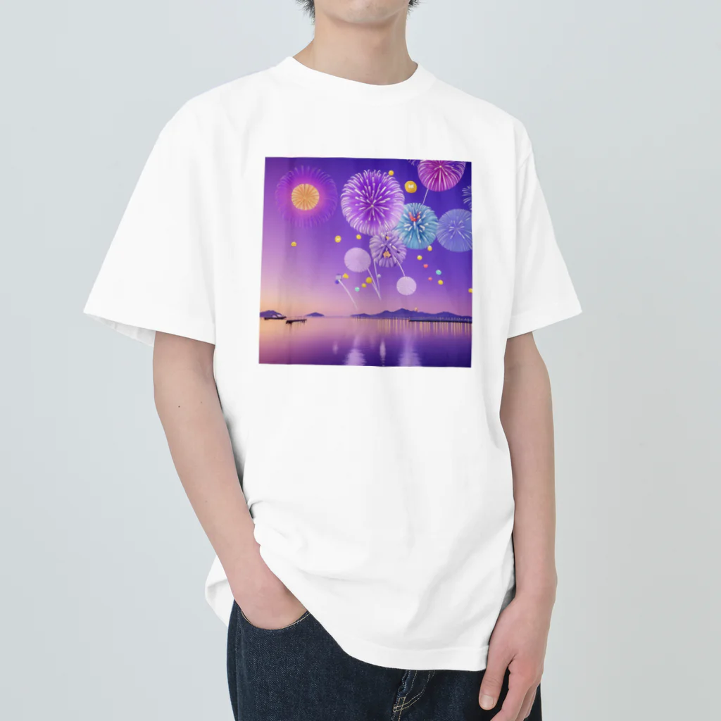 chan-takehaniの夕暮れの湖と幻想的な花火 ヘビーウェイトTシャツ