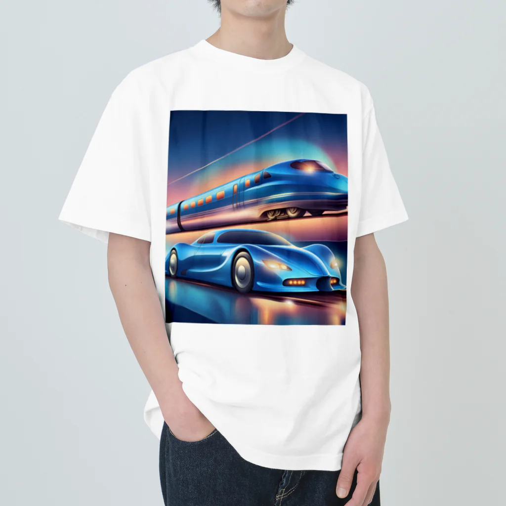 ro kuの青い車と新幹線 Heavyweight T-Shirt