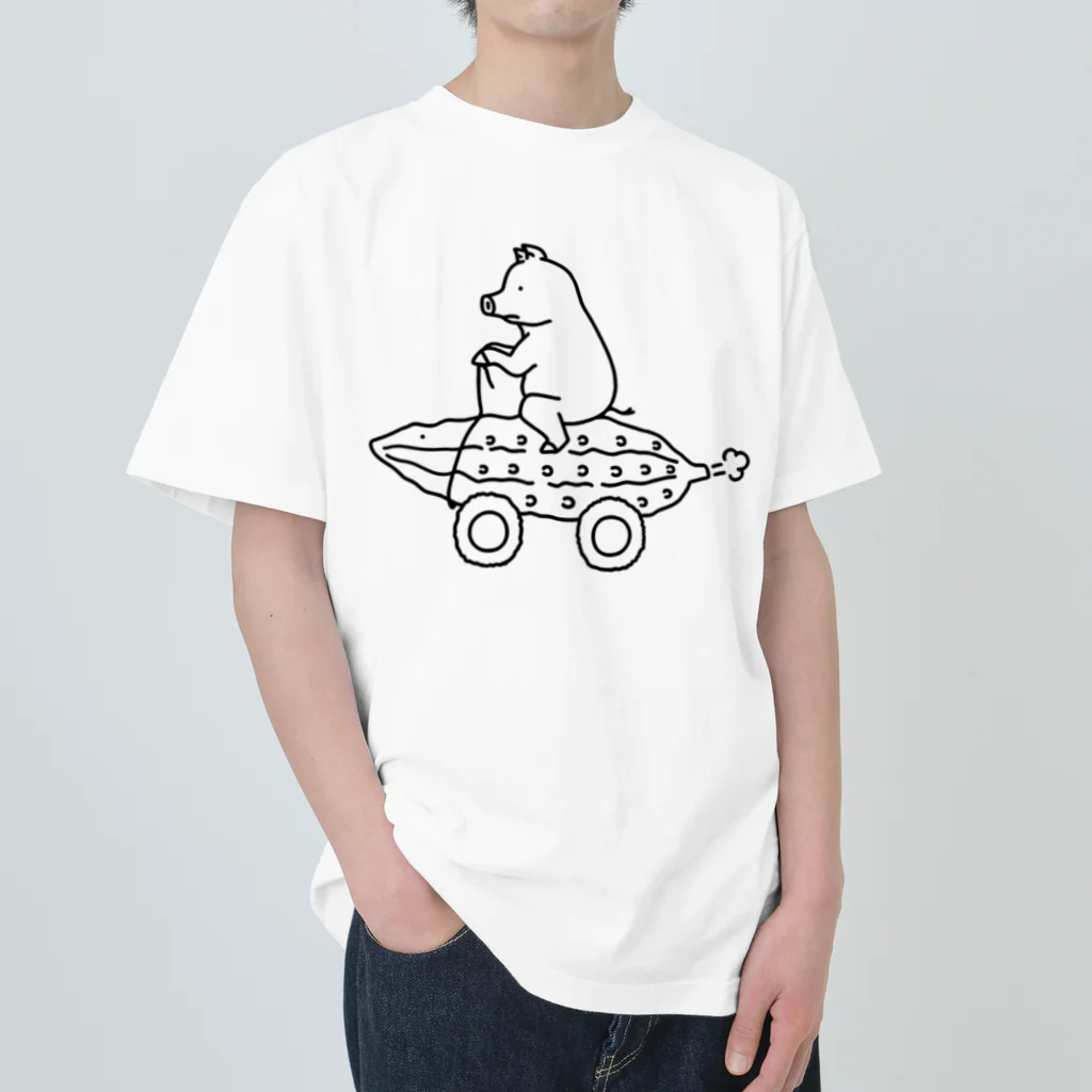 Aliviostaのゴーヤでゴー 沖縄 ブタ 動物イラスト ヘビーウェイトTシャツ