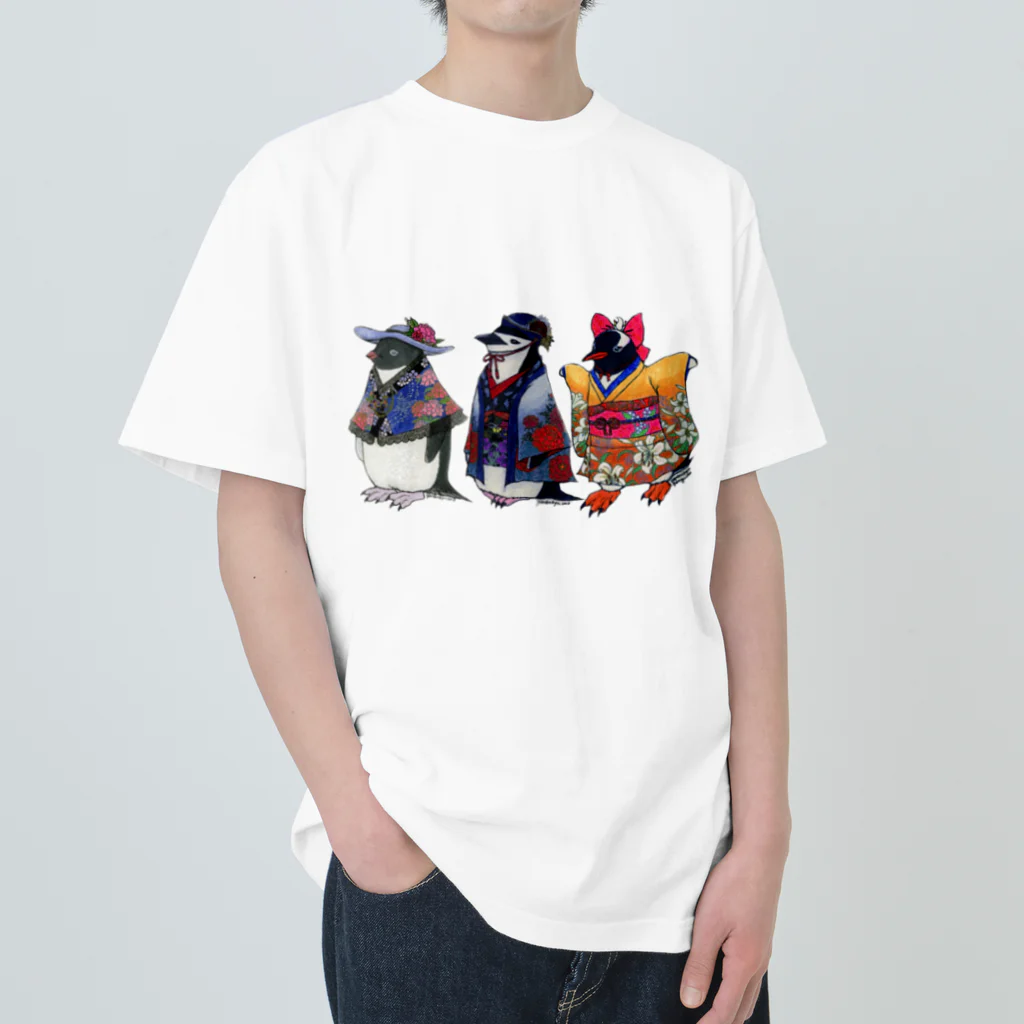 ヤママユ(ヤママユ・ペンギイナ)の立てば芍薬、座れば牡丹、歩く姿は百合の花-Pygoscelis Kimono Penguins- Heavyweight T-Shirt