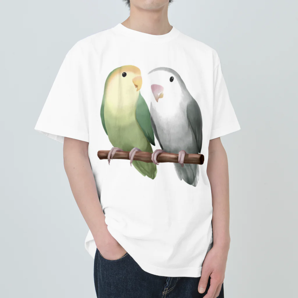 まめるりはことりのコザクラインコ　モーブとオリーブ【まめるりはことり】 ヘビーウェイトTシャツ