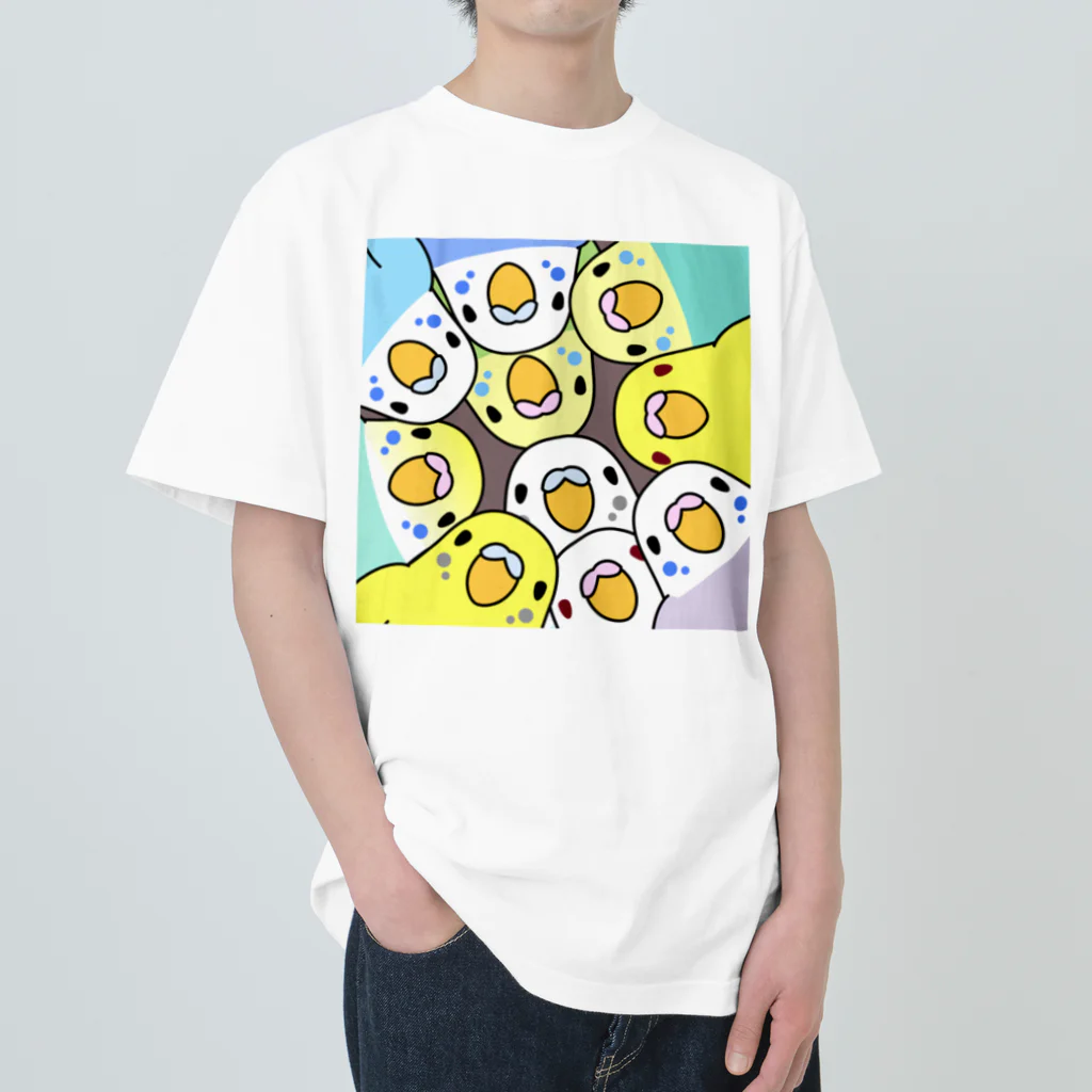 まめるりはことりのみっちりむっちり過密セキセイインコさん【まめるりはことり】 ヘビーウェイトTシャツ