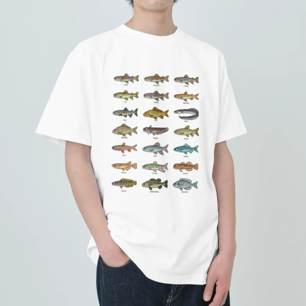 猫と釣り人のドット絵(TANSUIGYO_1) ヘビーウェイトTシャツ
