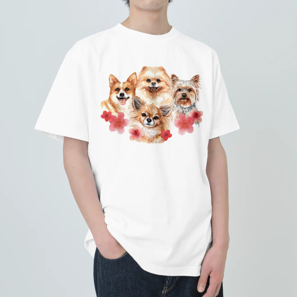 SANKAKU DESIGN STOREのお花の似合う小さい犬たち。 ヘビーウェイトTシャツ