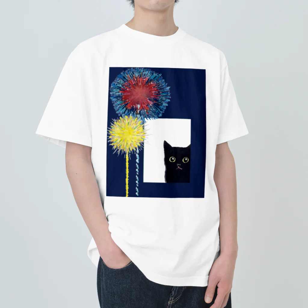 WAMI ARTの花火見る黒猫 ヘビーウェイトTシャツ