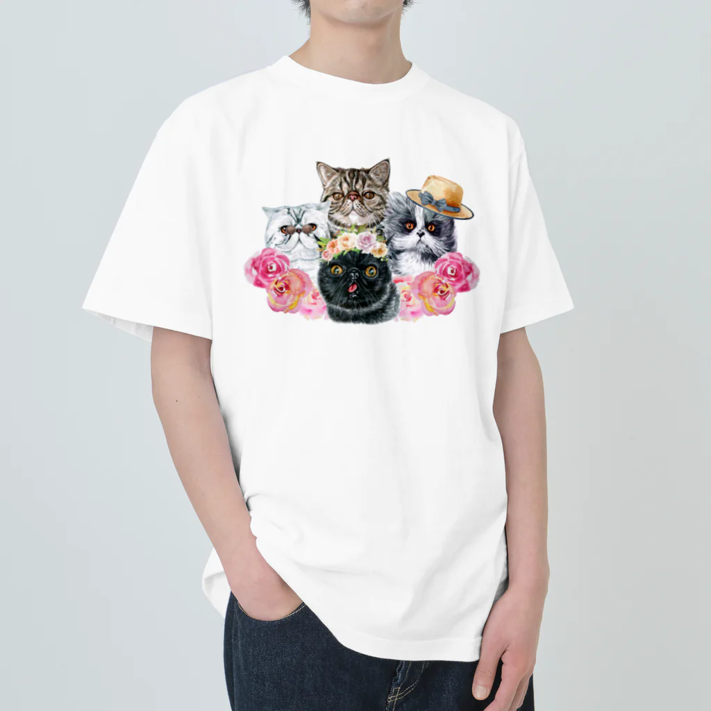 SANKAKU DESIGN STOREの仲良し！ぺちゃかわ猫ちゃんたちのバカンス。 Heavyweight T-Shirt