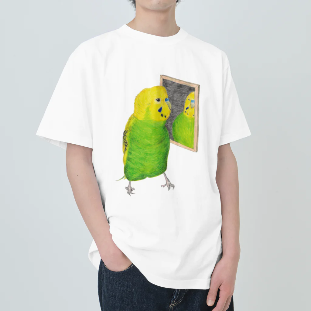 森図鑑の[森図鑑]セキセイインコと鏡 ヘビーウェイトTシャツ