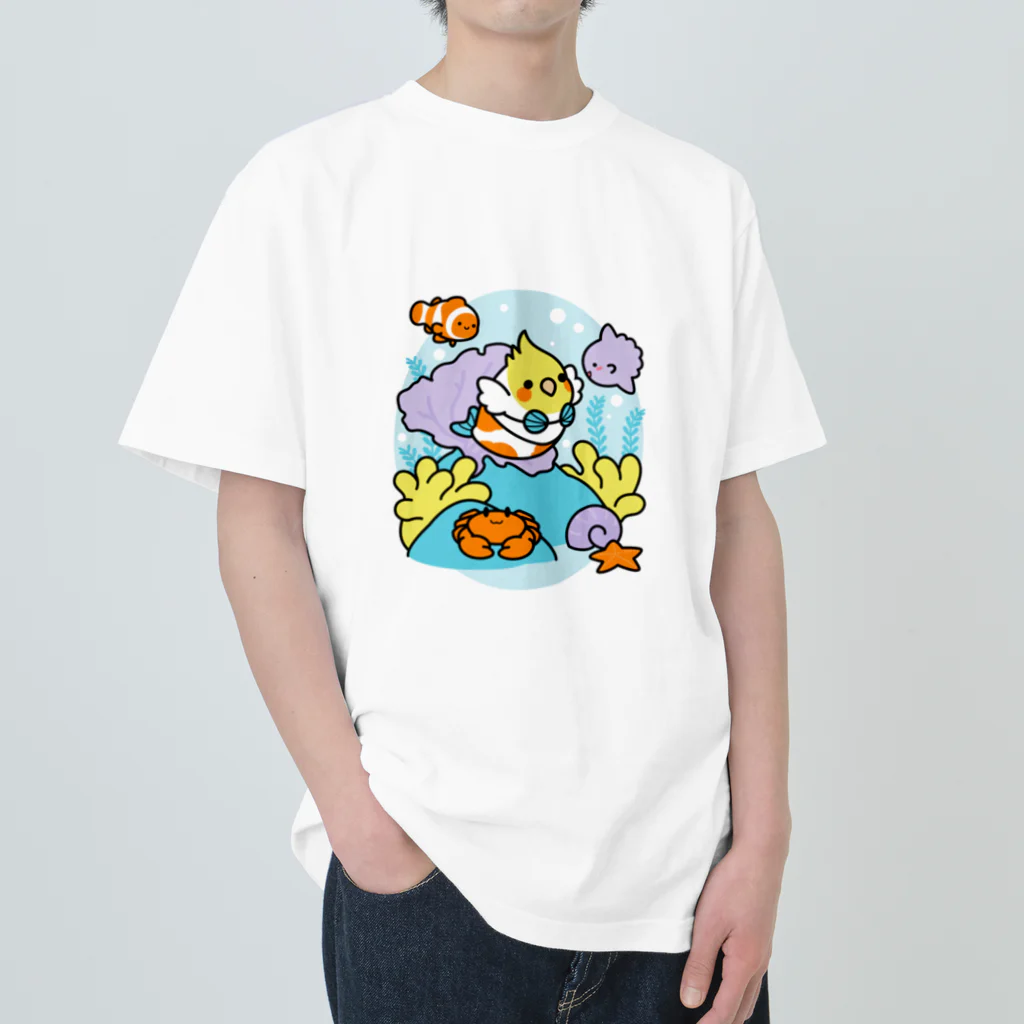 Cody the LovebirdのChubby Bird サンゴ礁を守ろう！　オカメインコと海のお友達 ヘビーウェイトTシャツ