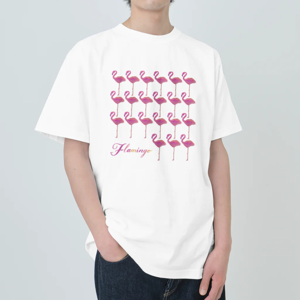 mojitoiro（もじといろ）のフラミンゴ Flamingo たくさん ヘビーウェイトTシャツ