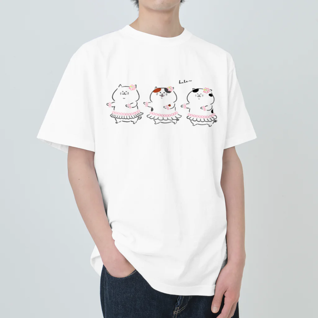 Kirorin工房のフラダンス猫さん　シンプルver（白、ミケ、白黒ぶち） ヘビーウェイトTシャツ