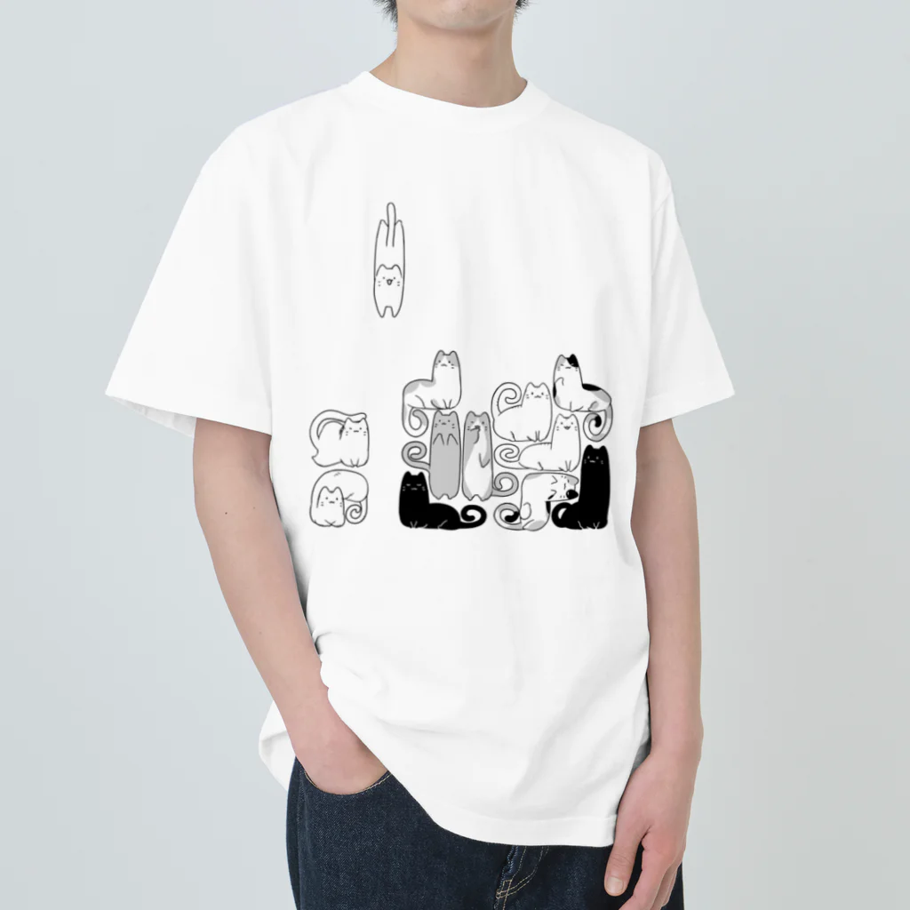 ドット絵どうぞのつみネコ(イラストモノクロ) Heavyweight T-Shirt