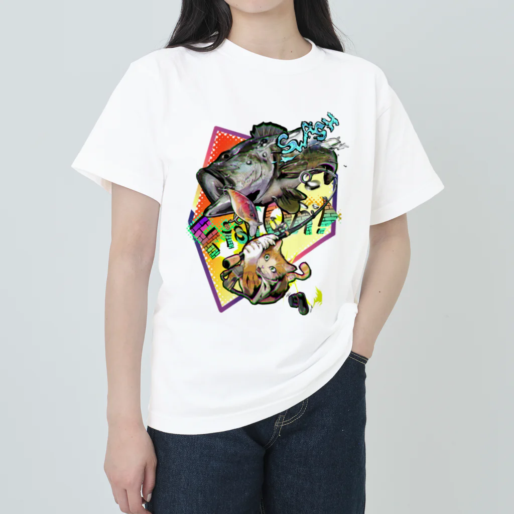 田の字の釣り猫日和　バス釣り編（シンプルバージョン） ヘビーウェイトTシャツ