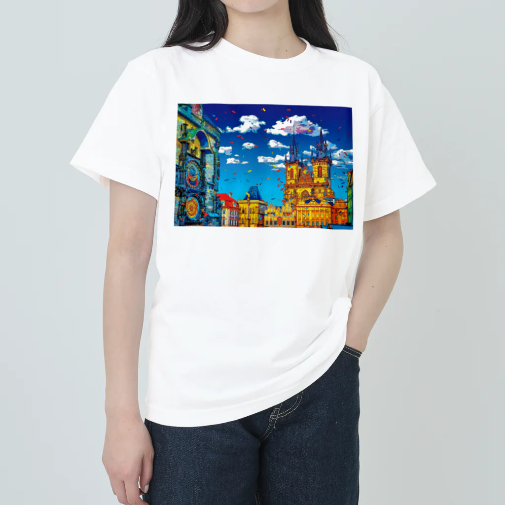 GALLERY misutawoのチェコ プラハの天文時計とティーン教会 Heavyweight T-Shirt