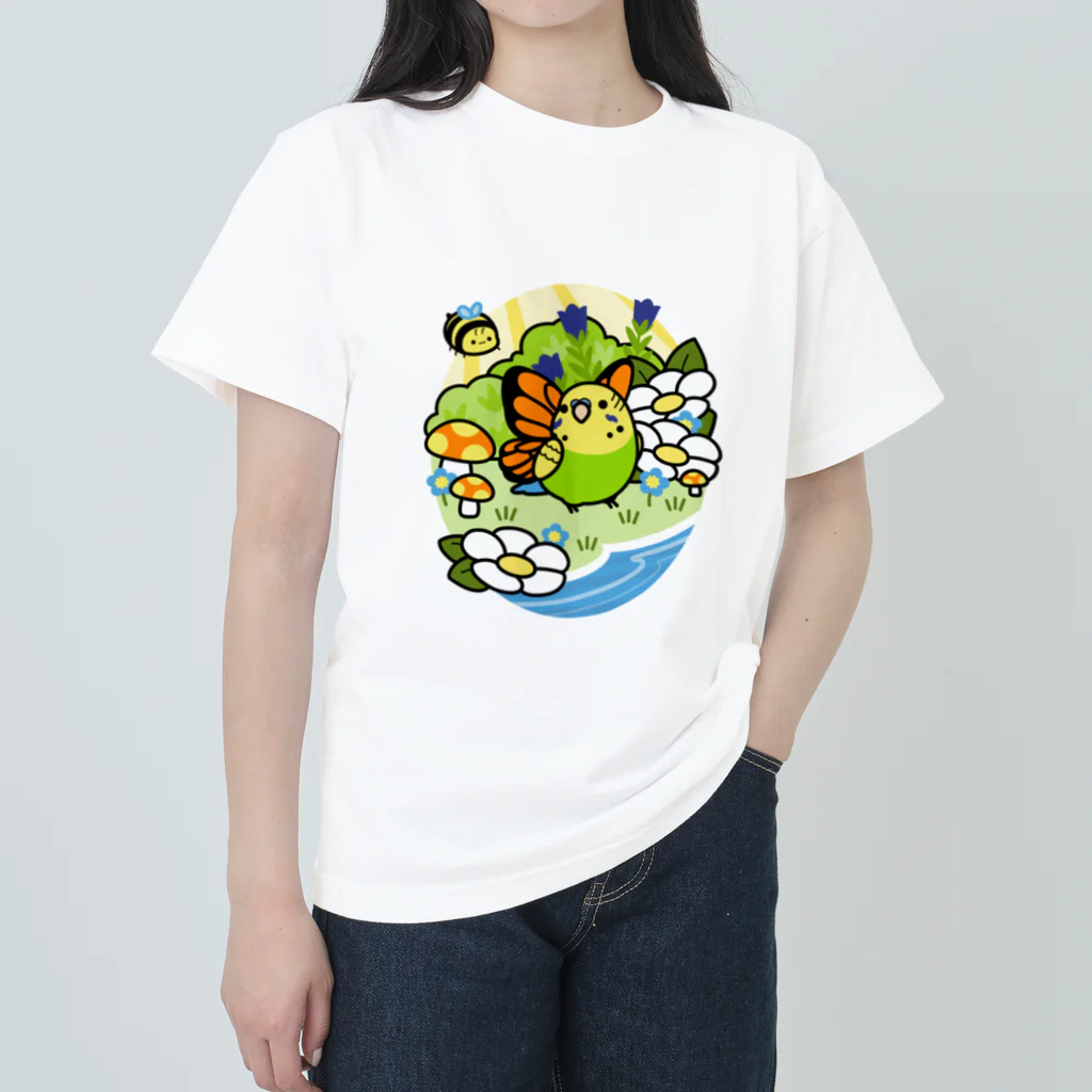 Cody the LovebirdのChubby Bird セキセイインコの妖精 Matcha 一緒に森を守ろう！ Heavyweight T-Shirt