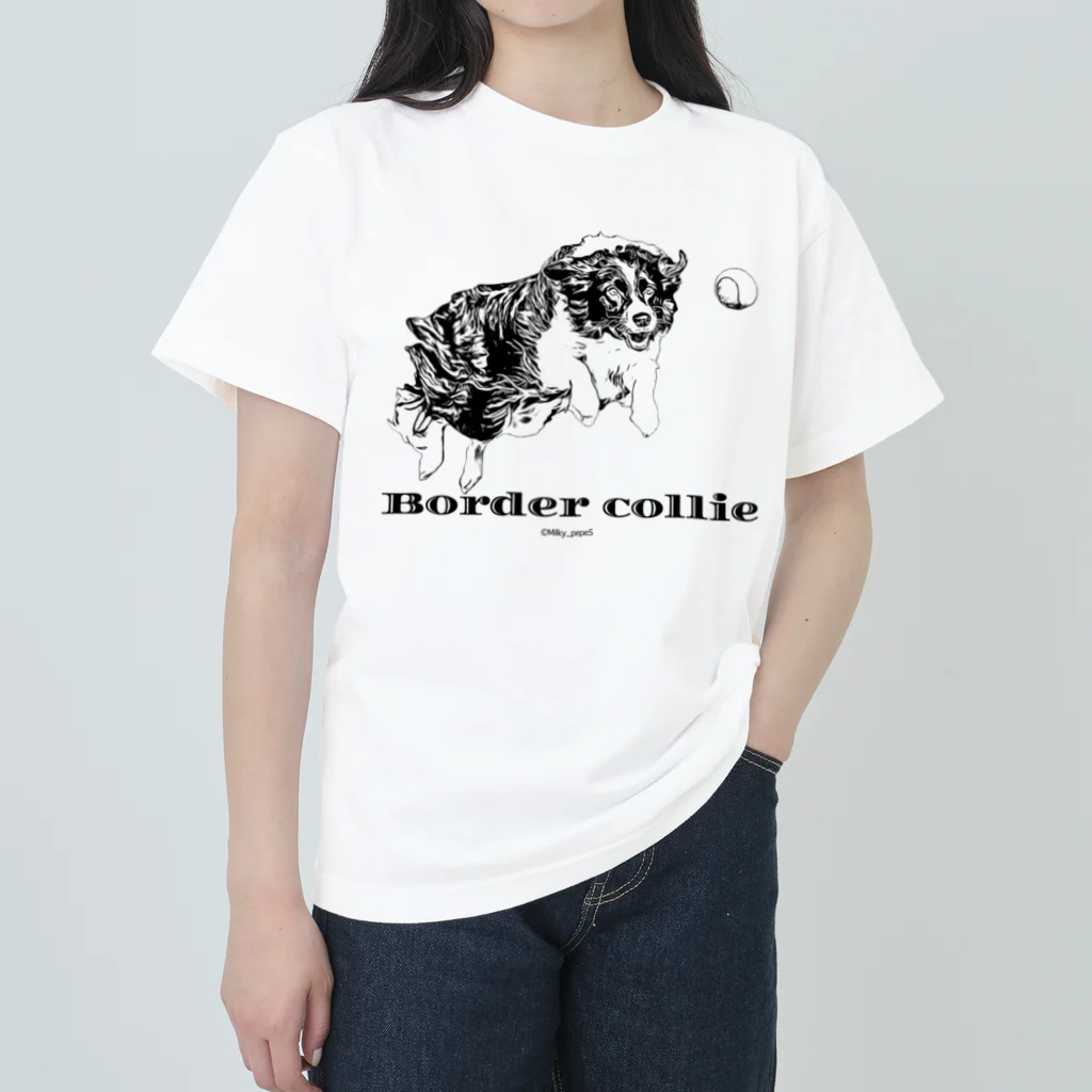 ユニークなワンちゃんデザインのお店のボーダーコリー モノクロデザイン ヘビーウェイトTシャツ