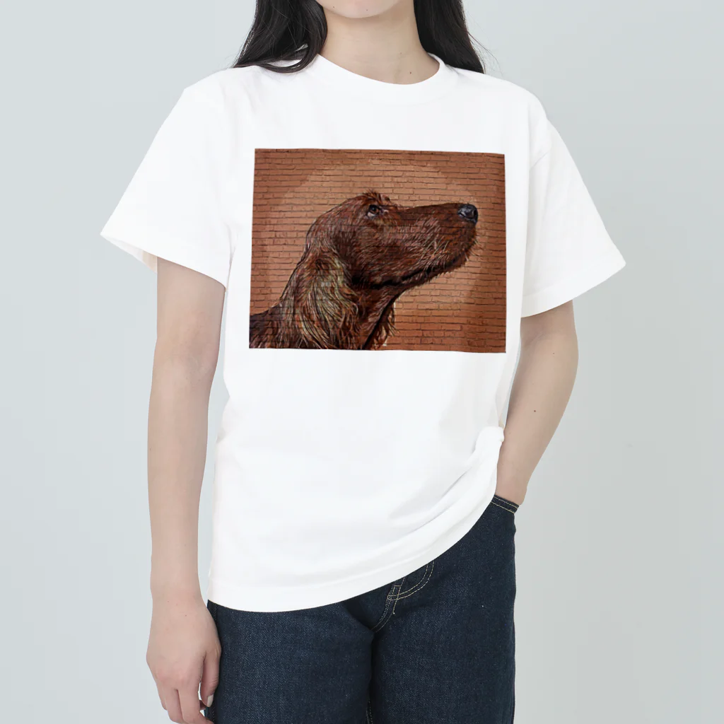 【CPPAS】Custom Pet Portrait Art Studioのアイリッシュセッタードッグ - レンガブロック背景 Heavyweight T-Shirt