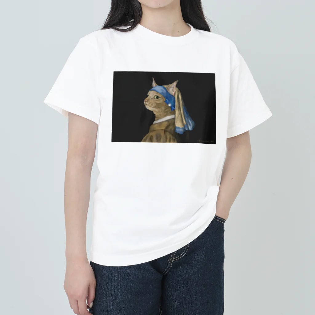 kaoru@nekomangakakuyoの絵画シリーズ 真珠の耳飾りの猫 Heavyweight T-Shirt