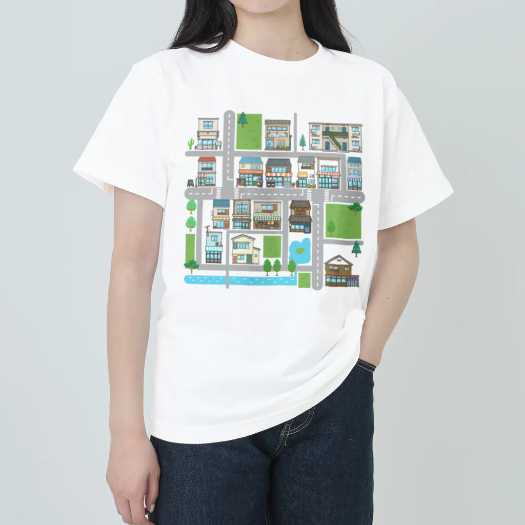 マル虫工房の建物たくさんイラストマップ Heavyweight T-Shirt