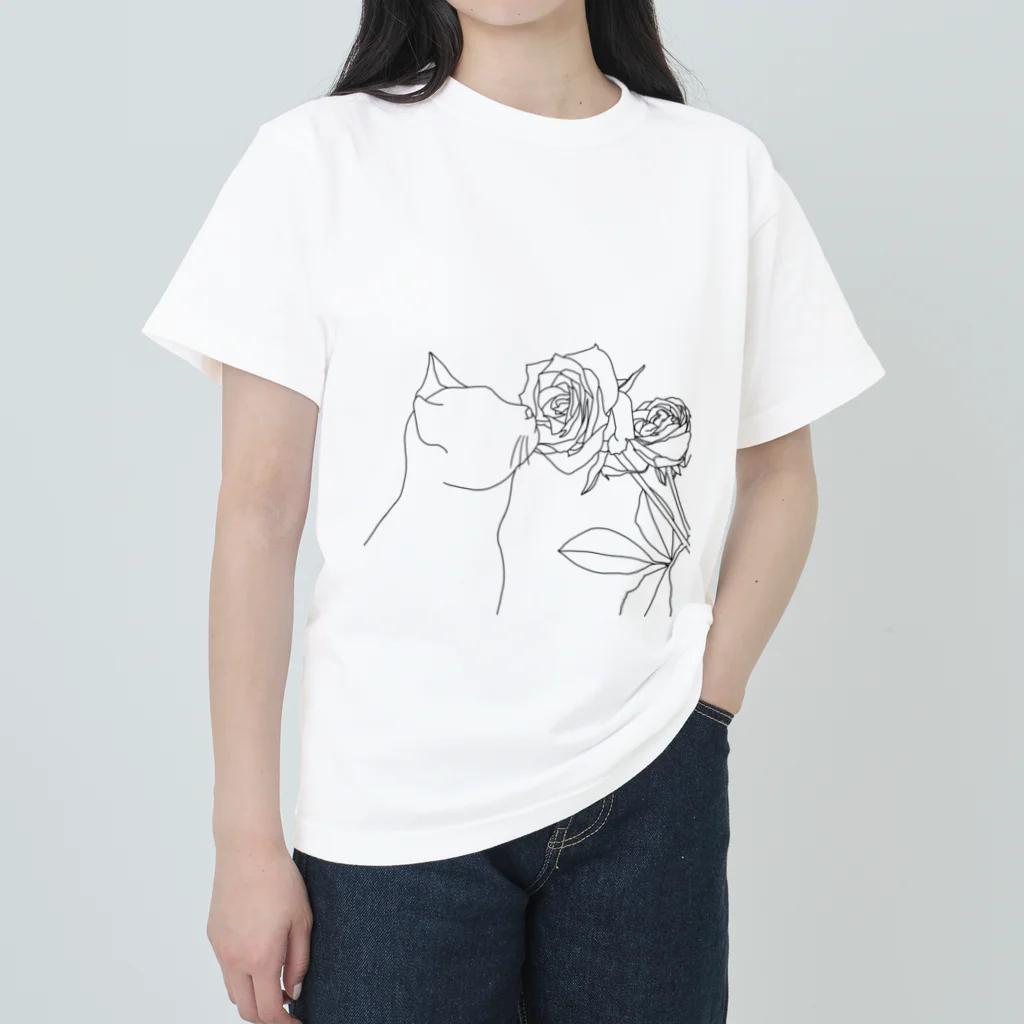 J's egg gardenの植物シリーズ　猫とバラ ヘビーウェイトTシャツ