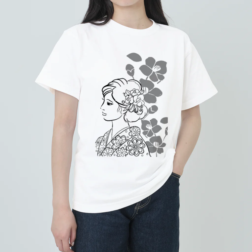 ki’s stampのWabisabiー椿(モノクロ) ヘビーウェイトTシャツ