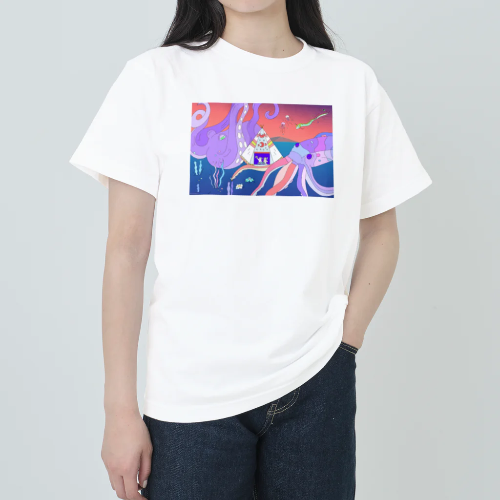 宇宙キャンプの深海でDJするねこ、タコとイカ、クラゲ、リュウグウノツカイ Heavyweight T-Shirt