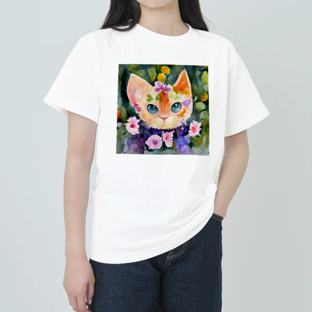 ccaattの花畑で子猫とかくれんぼ ヘビーウェイトTシャツ