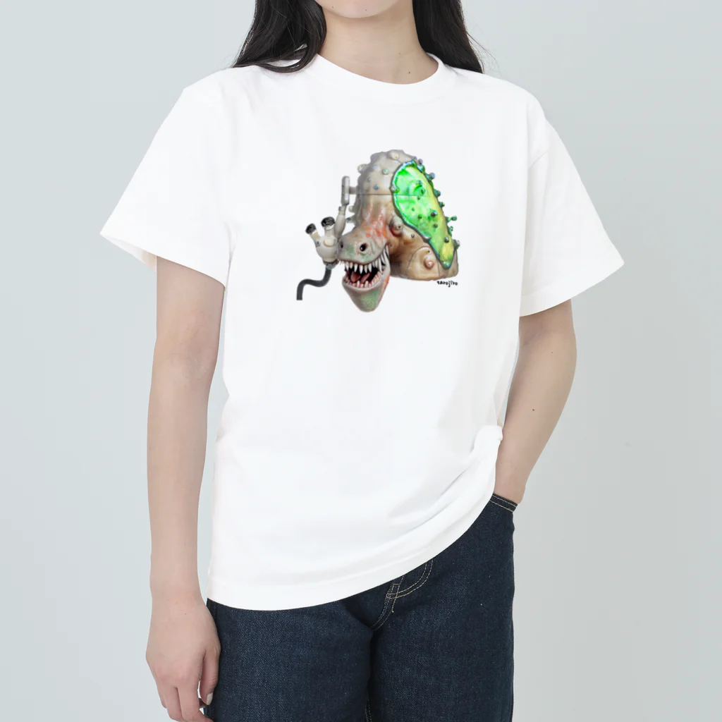 🍩tarojiro(たろじろ) shop🍩の恐竜に噛まれた時はシャワーで冷やすといい by AI ヘビーウェイトTシャツ