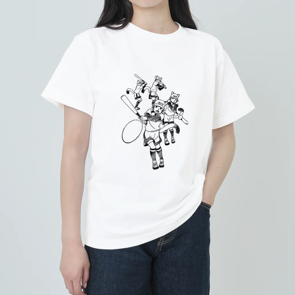 空想画学販売所の猫のソフトボールプレイヤー　ヒット！ ヘビーウェイトTシャツ