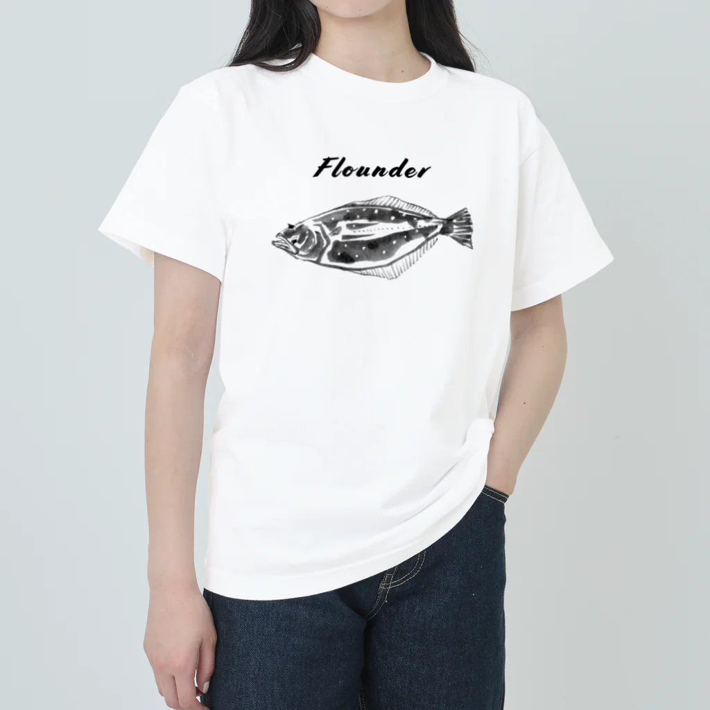 🐟日本の魚と仲間たち🦑のヒラメ - Left-eyed flounder（鮃、学名：Paralichthys olivaceus） ヘビーウェイトTシャツ