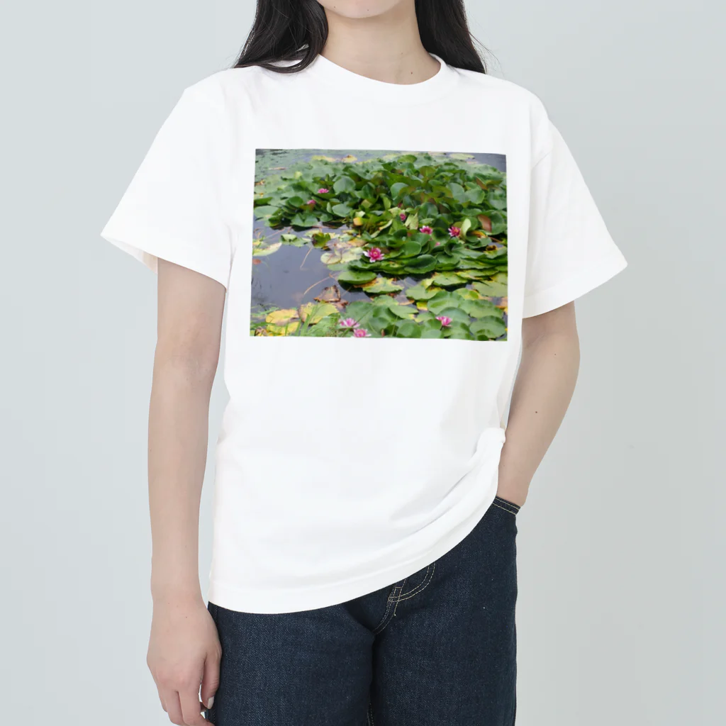 クマ室没注意の池と蓮の花 ヘビーウェイトTシャツ