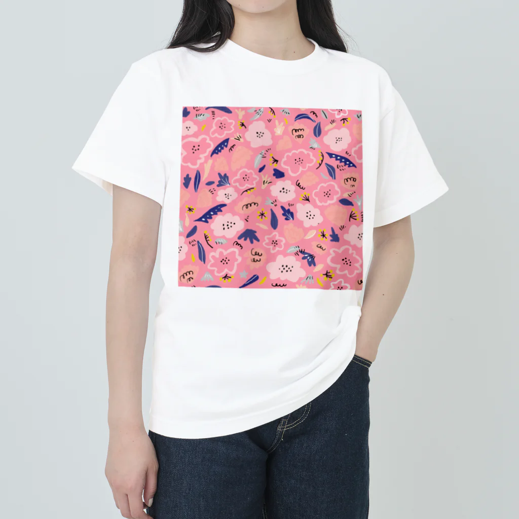 Katie（カチエ）の抽象的な手描きの花柄（ピンク） ヘビーウェイトTシャツ