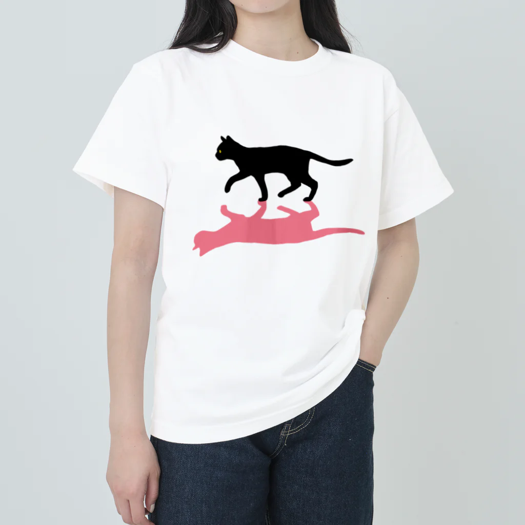 小鳥と映画館の黒猫と影　ピンク Heavyweight T-Shirt