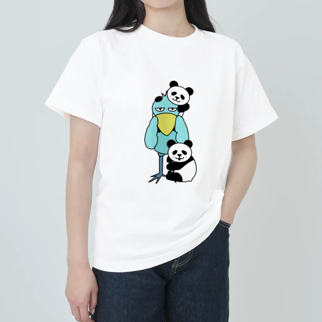 ue☆(ウイ）のハシビロコウと双子パンダちゃん ヘビーウェイトTシャツ