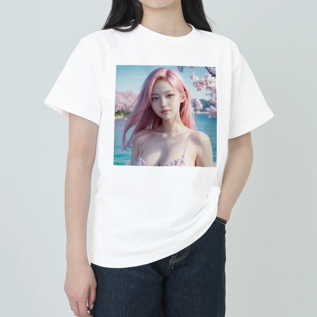 AI goddessの桜と川と青空と、ピンクの髪の女の子 ヘビーウェイトTシャツ