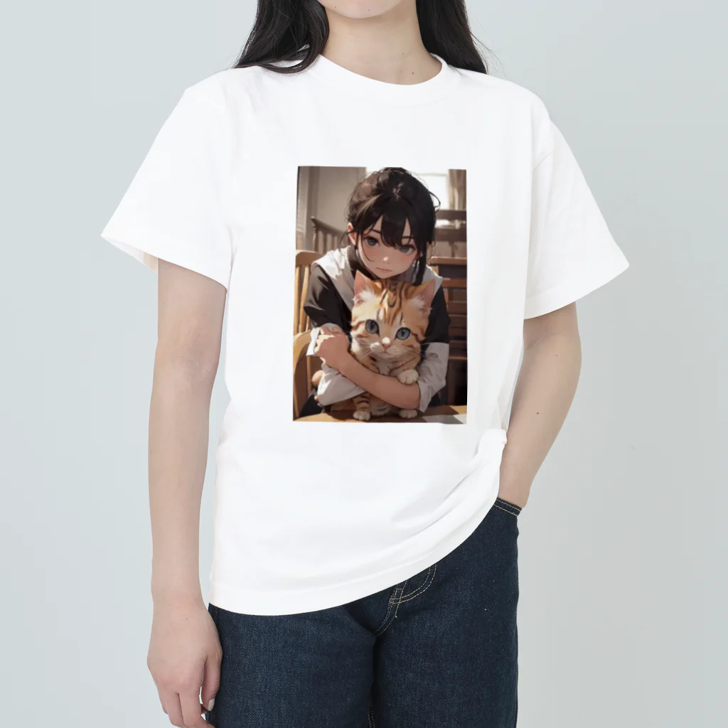 kazu_gのマンチカンを抱く美少女 Heavyweight T-Shirt