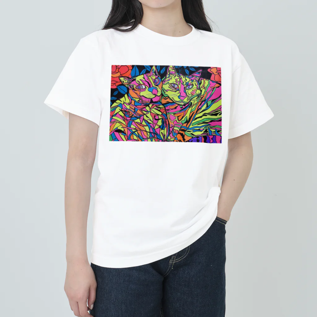 動物絵 Jamanakocic storeの2匹のネコ カラフルアイテム Heavyweight T-Shirt