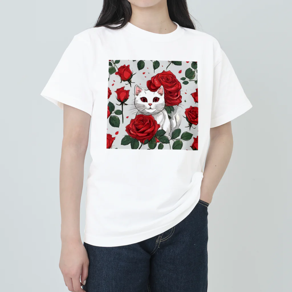 Feline-Bouquetの薔薇の中の猫 ヘビーウェイトTシャツ