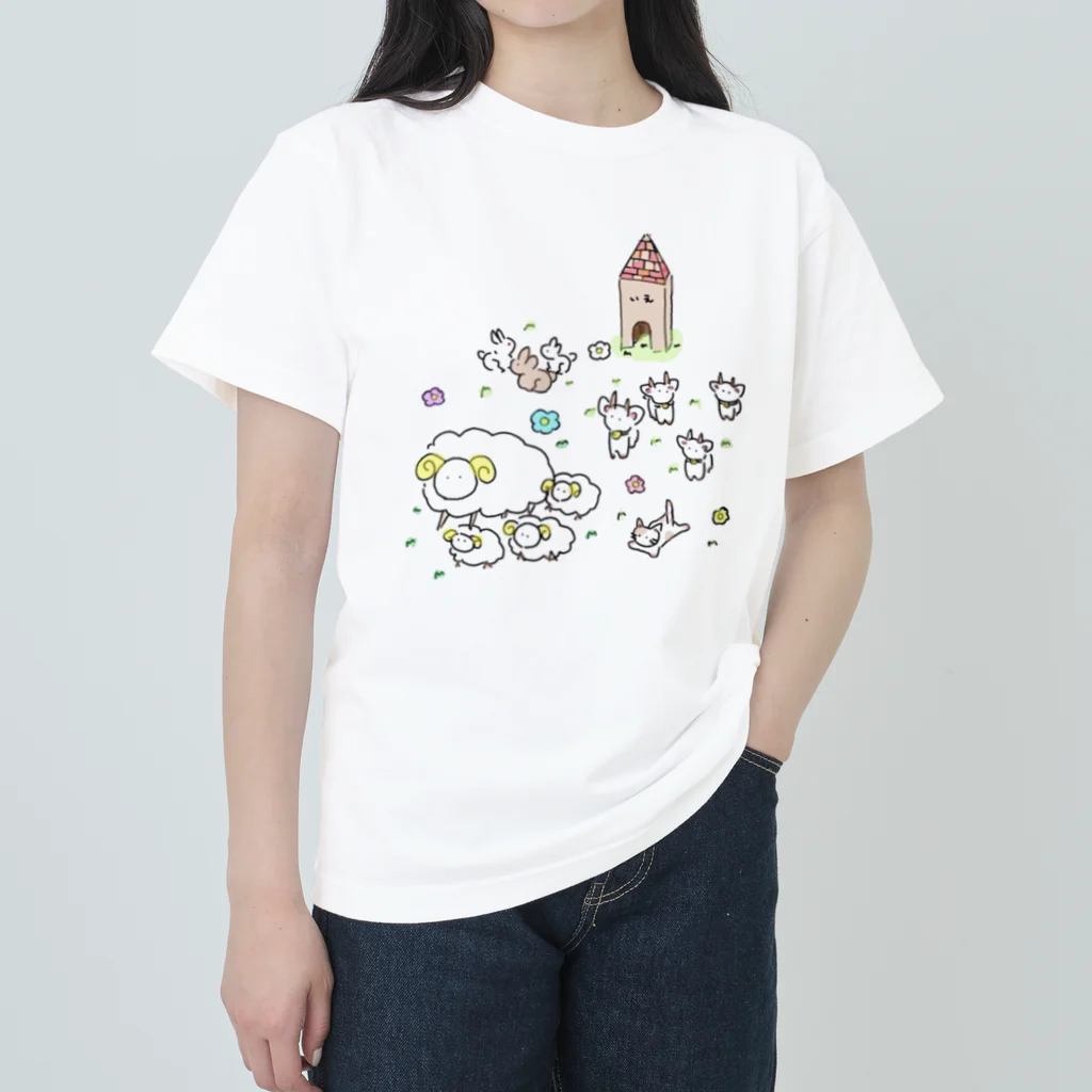 幸せの青い薔薇のぼくじょうのどうぶつ ヘビーウェイトTシャツ