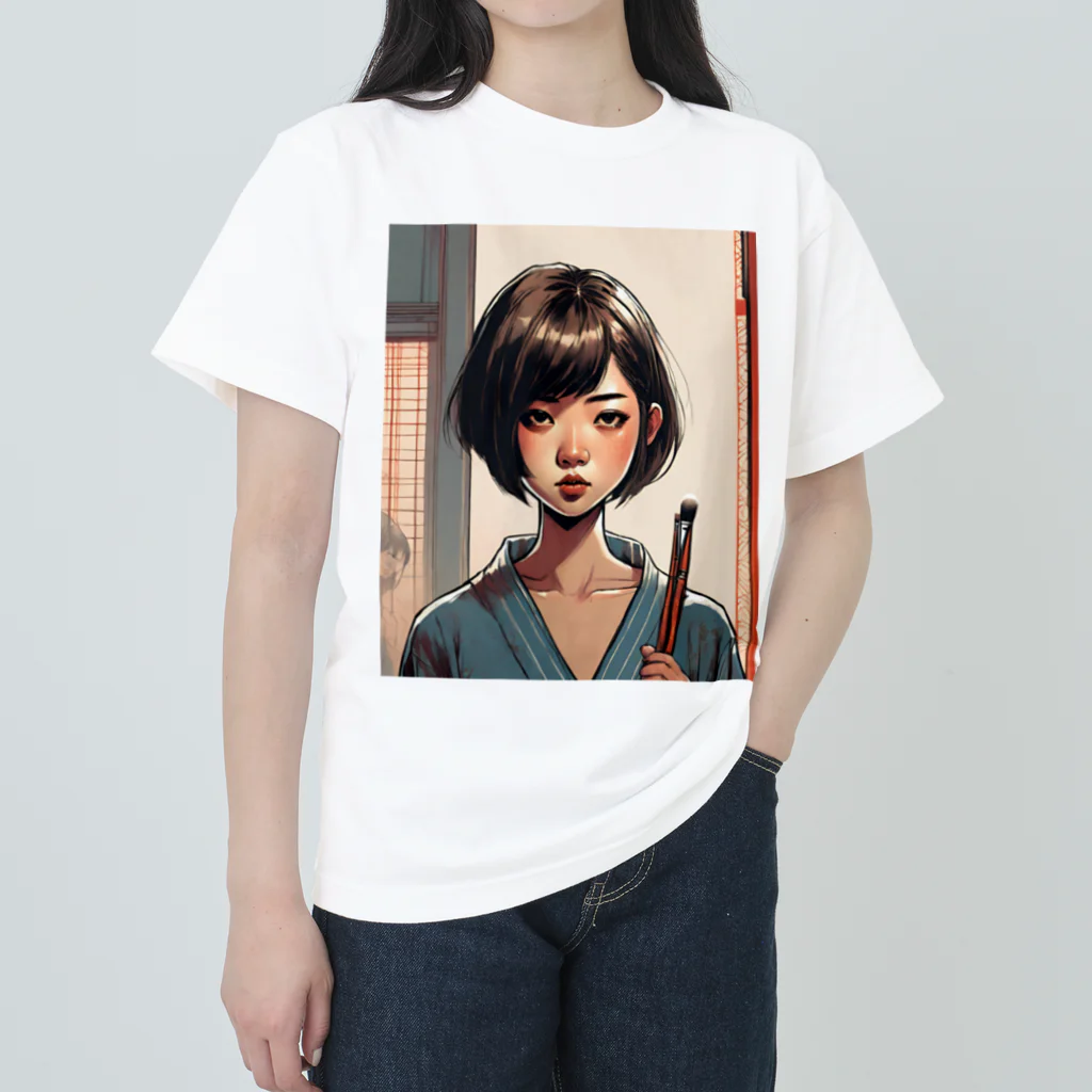 ワンダーワールド・ワンストップのおかっぱ頭のミステリアスな女性画家 Heavyweight T-Shirt